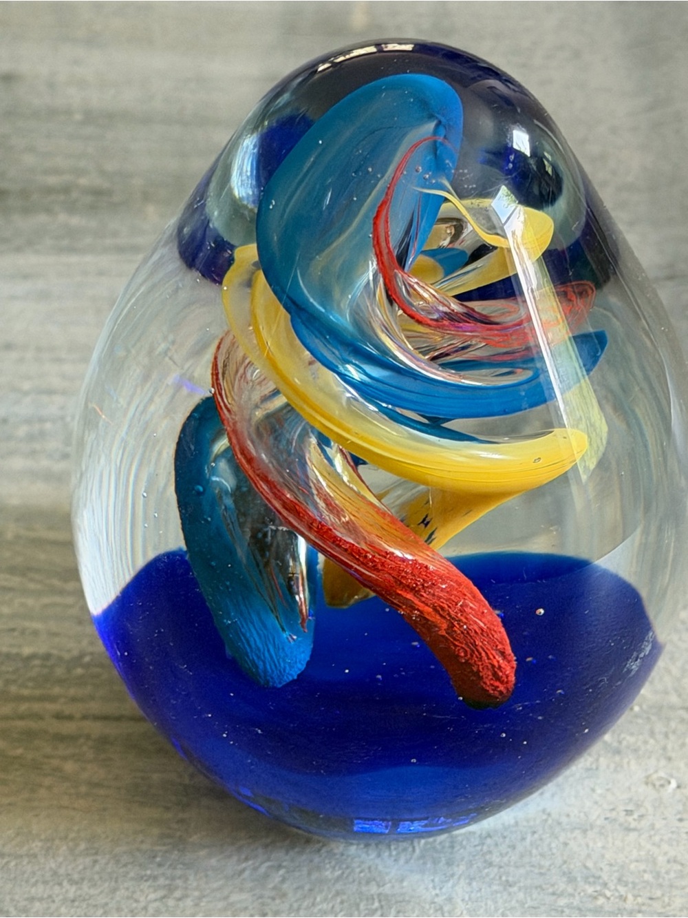 Vintage Art Glass Paperweight 4” Blue Yellow Red Swirl Ribbon Hand Blown